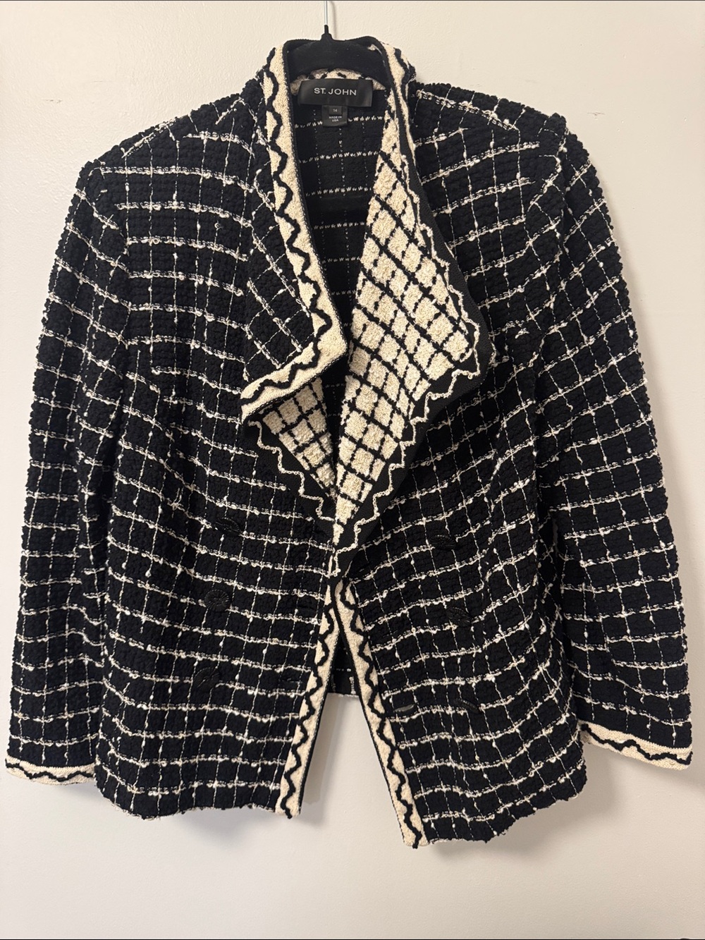St. John Black & Cream Windowpane Tweed Knit Blazer 14